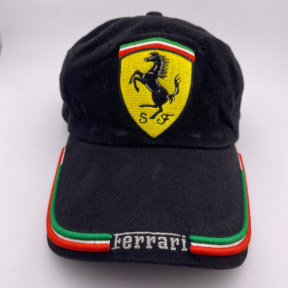 Ferrari Hat Cap Black Italian Flag Logo Adjustable Strapback One Size Corduroy - Picture 1 of 6